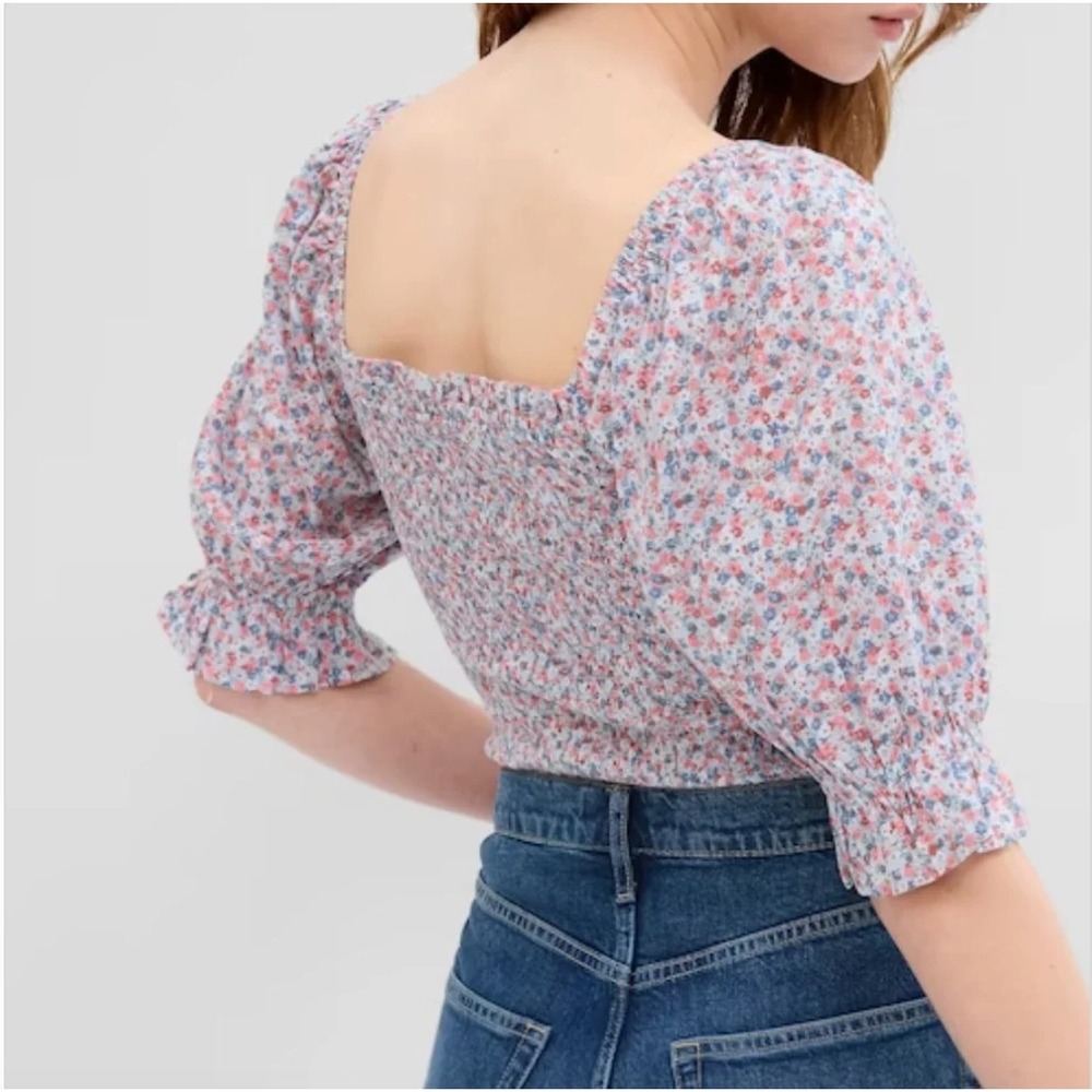GAP Puff Sleeve Smocked Peplum Top Floral Peasant Blouse Large Cottagecore NWT - Picture 2 of 14
